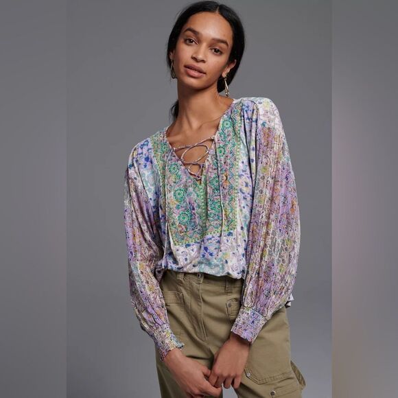 Anthropologie Small Odetta Embroidered Top Drawstring Lace-Up Floral - Picture 1 of 9